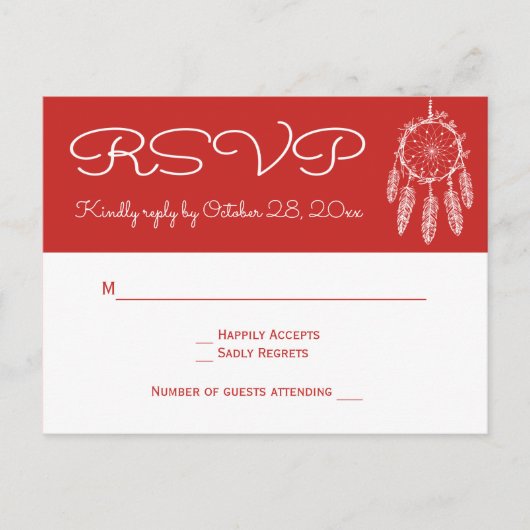 Boho Red RSVP Native American Dreamcatcher Wedding Uitnodiging Briefkaart (Voorkant)