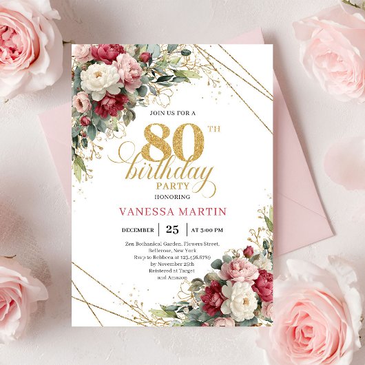Boho Red White Greenery 80th Birthday Invite Kaart