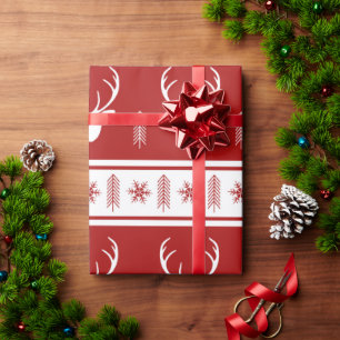 Boho Red White Reindeer Snowflake Kerstmis Cadeaupapier