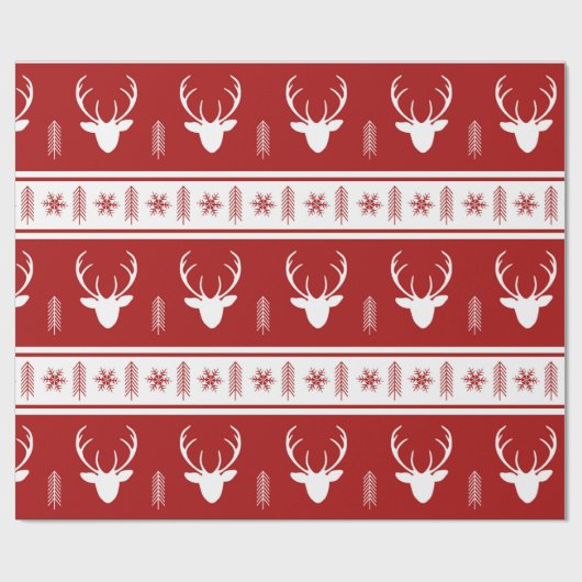 Boho Red White Reindeer Snowflake Kerstmis Cadeaupapier (Vlak)