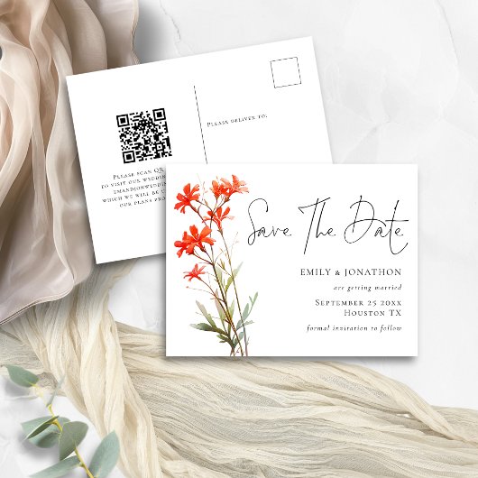 Boho Red Wildflowers QR-codescript De datum opslaa Briefkaart