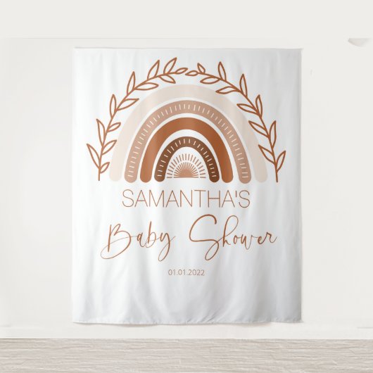 Boho Regenboog Baby Shower Achtergrond, Terracotta Wandkleed (Voorkant)