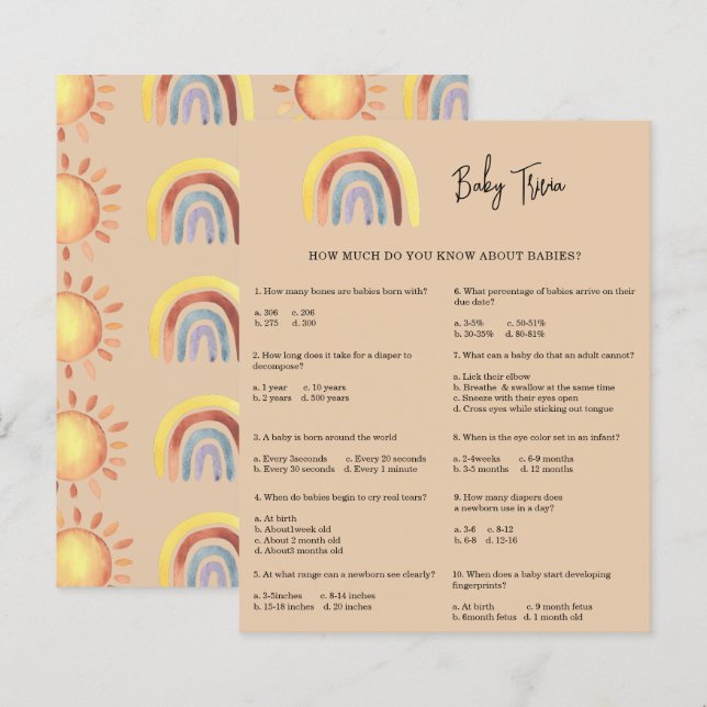 Boho Regenboog Baby Trivia | Baby Shower Spel (Voorkant / Achterkant)