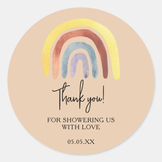 Boho regenboog babyshower bedank je cadeautje ronde sticker (Voorkant)