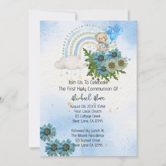 Boho Regenboog Beer Eerste Heilige Communie Kaart (Voorkant)