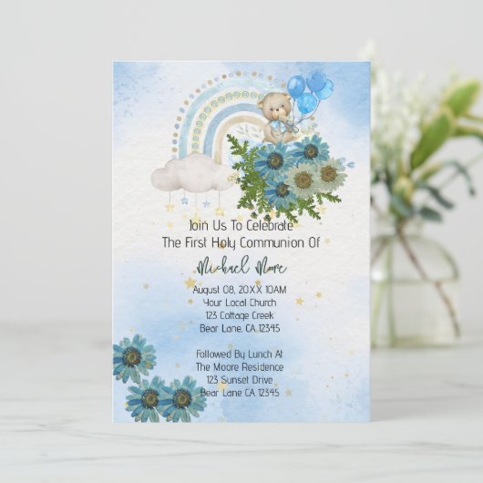 Boho Regenboog Beer Eerste Heilige Communie Kaart (Staand voorkant)
