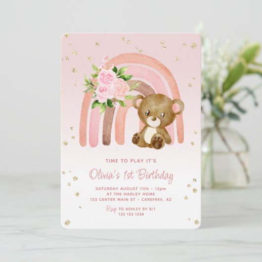 Boho Regenboog Beer Meisje's 1e Verjaardag Kaart (Staand voorkant)