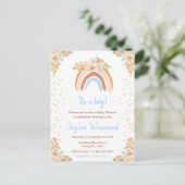 Boho Regenboog Blauwe Baby Shower Briefkaart (Staand voorkant)