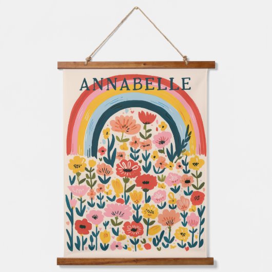 Boho Regenboog Bloemen Illustratie Voornaam Hangend Wandkleed (Voorkant)
