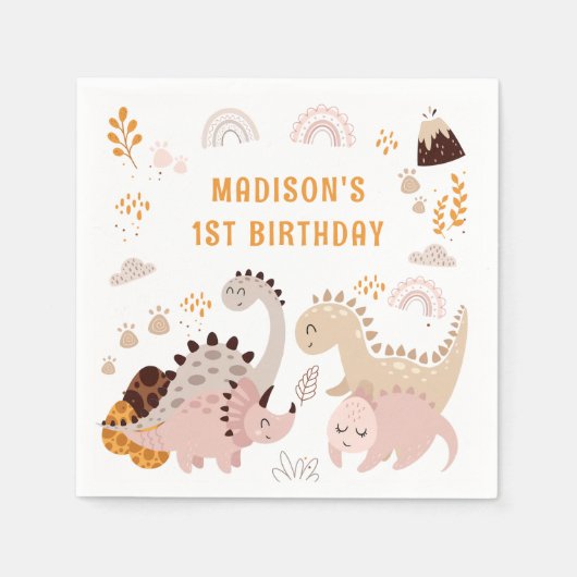 Boho Regenboog Dinosaurus Verjaardagsfeestje Serve Servet (Voorkant)