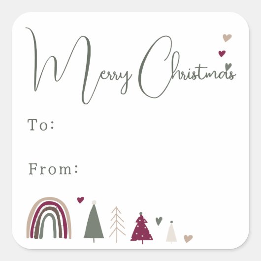 Boho Regenboog en Harten Vrolijk Kerstfeest Vierkante Sticker (Voorkant)