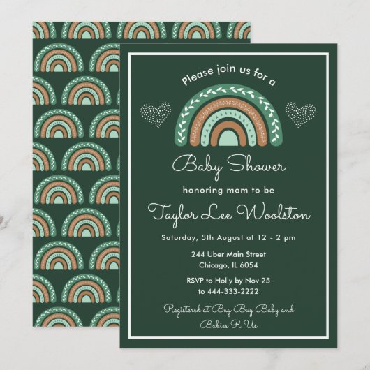 Boho Regenboog Groen en Bruin Baby shower Kaart (Voorkant / Achterkant)