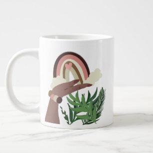 Boho Regenboog in Hand van Vrouw met Groene Plante Grote Koffiekop