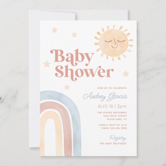 Boho Regenboog & Lachende Zon Waterverf Baby showe Kaart (Voorkant)