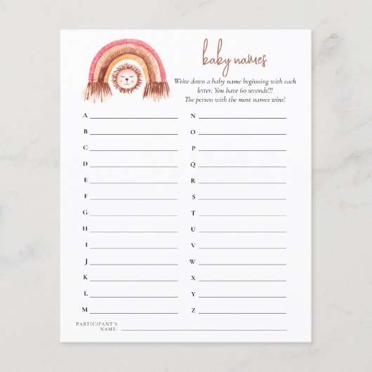 Boho Regenboog Leeuw Baby Namen Douche Spel Flyer (Voorkant)