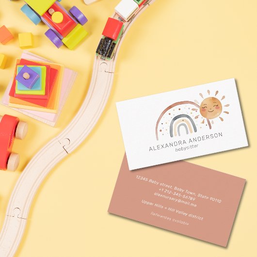 Boho regenboog met zon Waterverf babysitter Visitekaartje