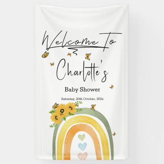 Boho regenboog met zonnebloemen Baby shower Spandoek (Verticaal)