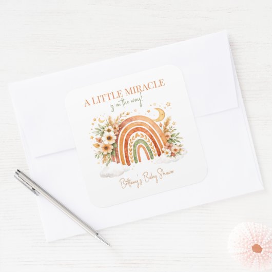 Boho Regenboog Moderne Baby Shower Vierkante Sticker (Envelop)