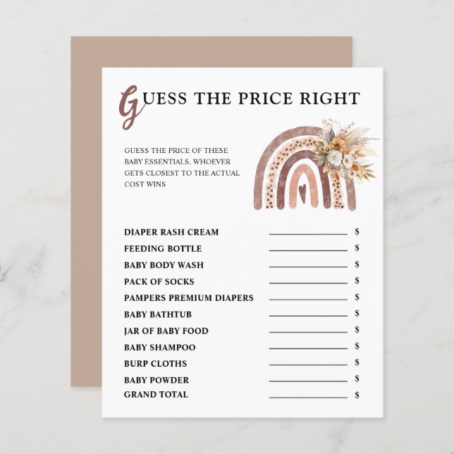 Boho Regenboog | Raad de juiste prijs baby shower (Voorkant / Achterkant)