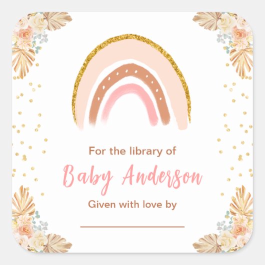 Boho regenboog roze Baby shower Bookplate Vierkante Sticker (Voorkant)