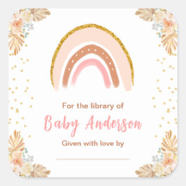 Boho regenboog roze Baby shower Bookplate Vierkante Sticker
