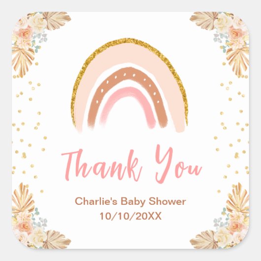 Boho regenboog roze Baby shower dank u Vierkante Sticker (Voorkant)