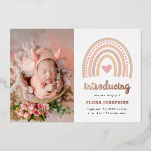 Boho Regenboog Roze Goud Geboorteaankondiging Foto Folie Uitnodiging