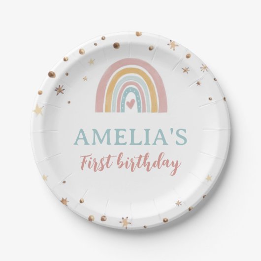 Boho regenboog roze verjaardagspapier Borden Papieren Bordje (Voorkant)