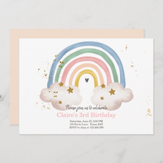 Boho regenboog verjaardag uitnodiging meisje rusti (Voorkant / Achterkant)