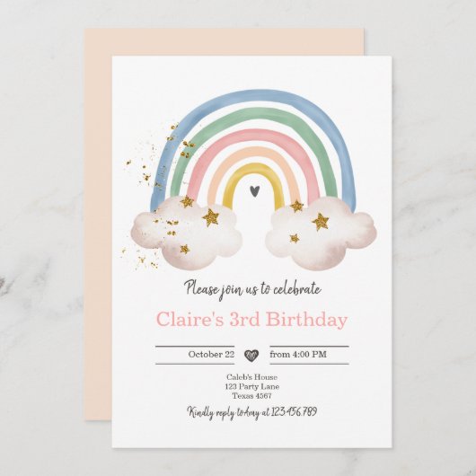 Boho regenboog verjaardag uitnodiging meisje rusti (Voorkant / Achterkant)