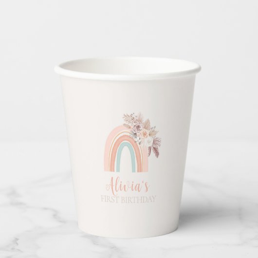 Boho Regenboog Waterverf Eerste Verjaardag Papieren Bekers (Voorkant)