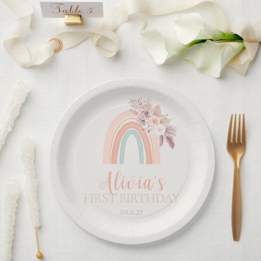 Boho Regenboog Waterverf Eerste Verjaardag Papieren Bordje (Huwelijk)