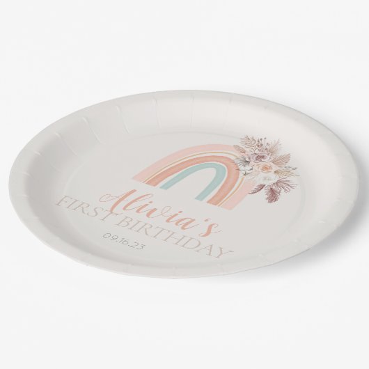 Boho Regenboog Waterverf Eerste Verjaardag Papieren Bordje (Gekanteld)