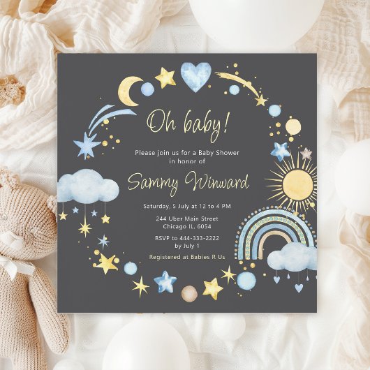 Boho Regenboog Wolken Blauwe Baby Shower Kaart