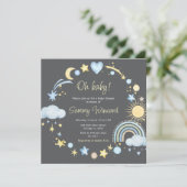 Boho Regenboog Wolken Blauwe Baby Shower Kaart (Staand voorkant)