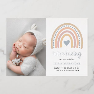 Boho Regenboog Zilveren Jongen Foto Geboorteaankon Folie Uitnodiging