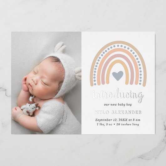 Boho Regenboog Zilveren Jongen Foto Geboorteaankon Folie Uitnodiging (Voorkant)