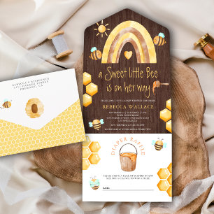 Boho Regenboog Zoete Kleine Bij Houten Baby Shower All In One Uitnodiging