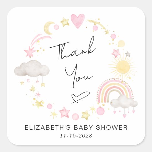 Boho regenboog zon baby meisje douche dank u vierkante sticker (Voorkant)