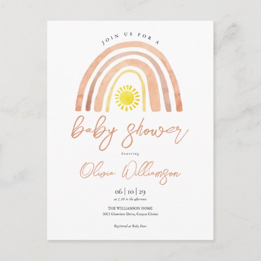Boho Regenboog Zon Baby Shower Uitnodigingskaart Briefkaart (Voorkant)