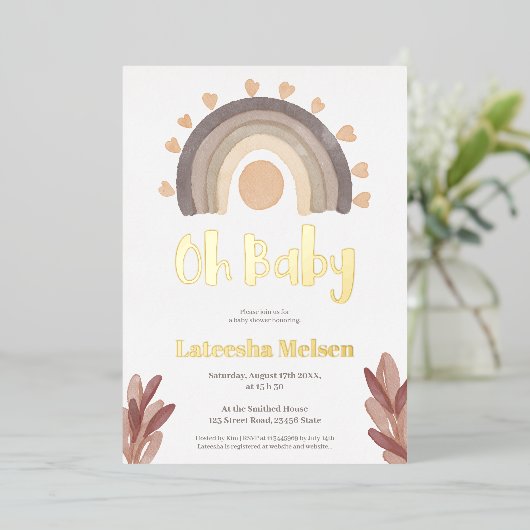 Boho regenboogzonneschijn waterverf baby shower folie uitnodiging (Staand Voorkant)