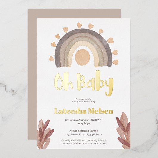 Boho regenboogzonneschijn waterverf baby shower folie uitnodiging (Voorkant / Achterkant)