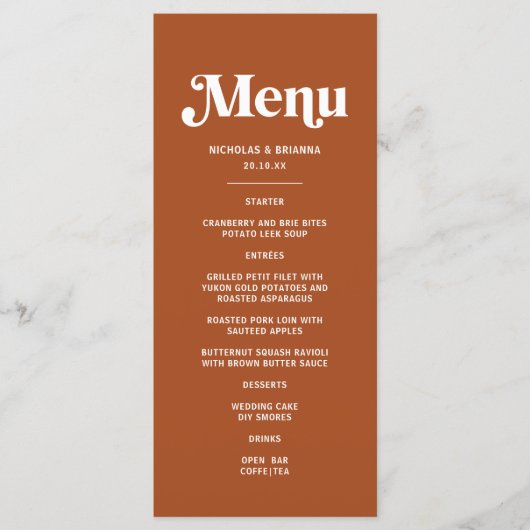 Boho Retro 70s Terracotta Bruiloft Menu (Voorkant)