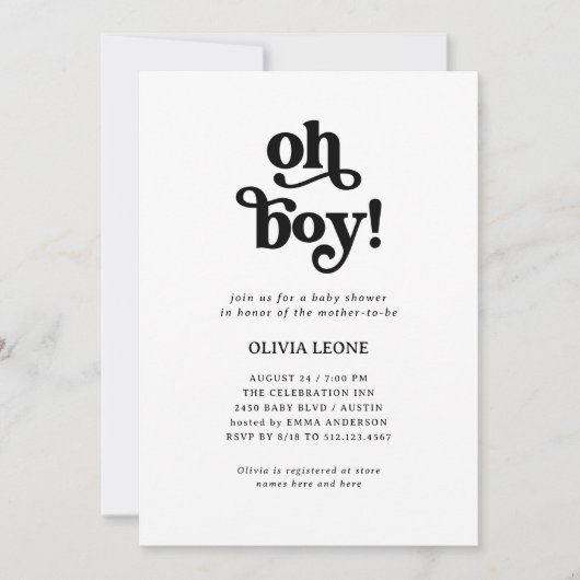 Boho Retro Black en White | Oh Boy Baby shower Kaart (Voorkant)