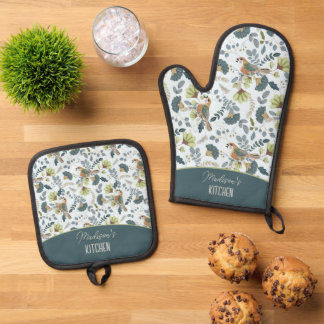 Boho Retro Bloem En Vogels Patroon Naam Ovenwant & Pannenlap Set