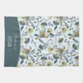 Boho Retro Bloem en Vogels Patroon Naam Theedoek (Horizontaal)