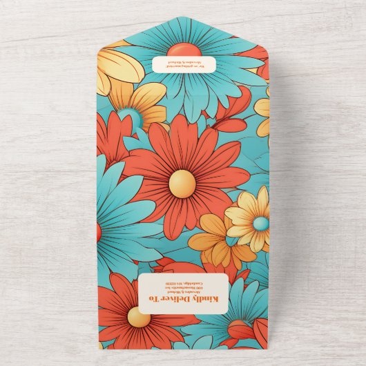 Boho Retro Bloemen Bruiloft All In One Uitnodiging (Buitenkant)