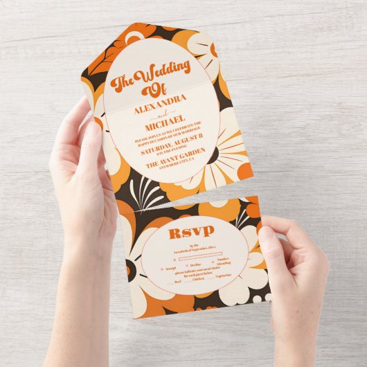 Boho Retro Bloemen Bruiloft All In One Uitnodiging (Afscheurbaar)