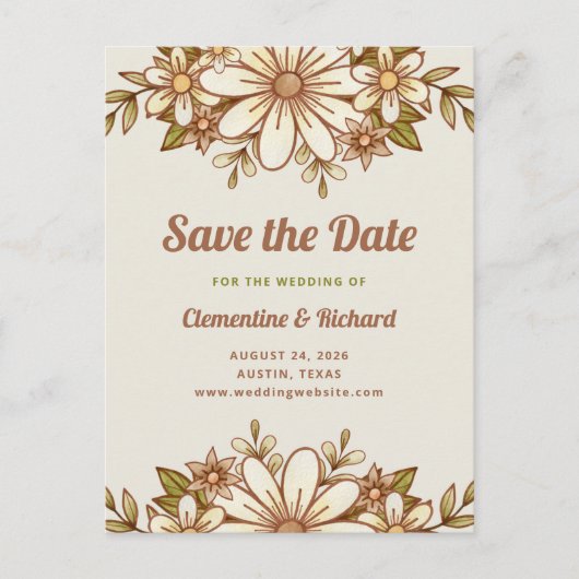 Boho Retro Bloemen | Bruiloft Bewaar de datum Aankondigingskaart (Voorkant)