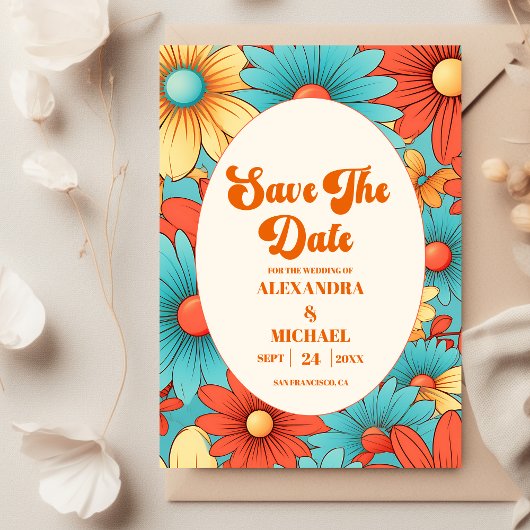 Boho Retro Bloemen Bruiloft Save The Date